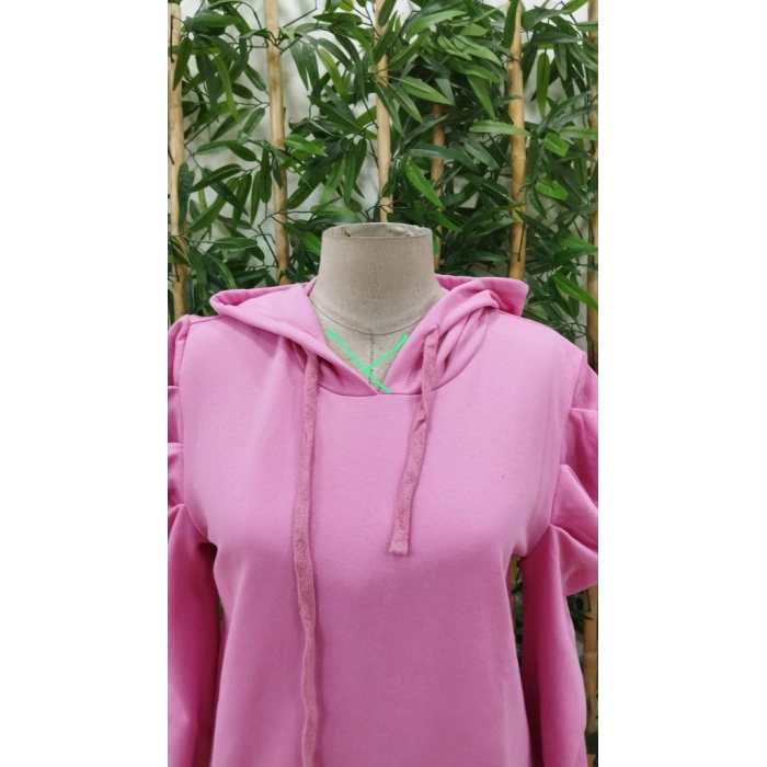 Kadın Uzun Kollu Kapşonlu Bağcıklı Kollarda Büzgü Detaylı Iki Iplik Bluz