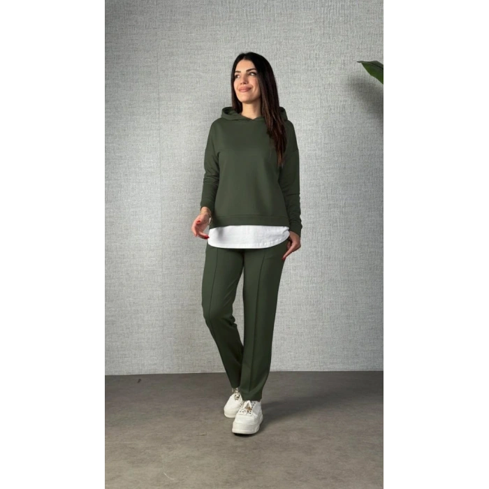 Kadın Uzun Kollu Kapşonlu Bağcıklı Viskon Iki Iplik Bluz Ve Pantolon Ikili Takım