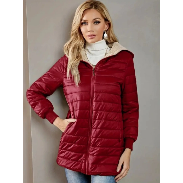 Kadın Uzun Kollu Kapşonlu Cep Detaylı Fermuarlı Orta Boy Mont