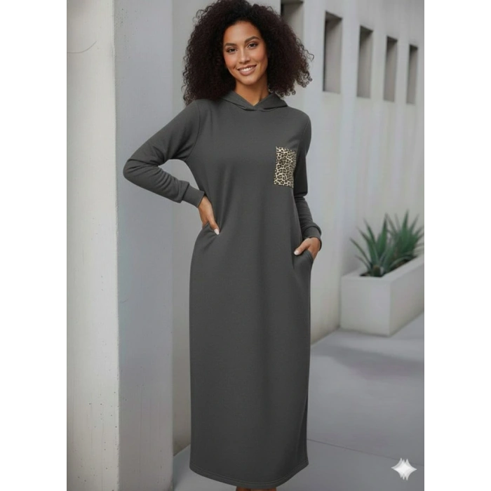 Kadın Uzun Kollu Kapşonlu Cep Detaylı Viskon Iki Iplik Maxi Elbise