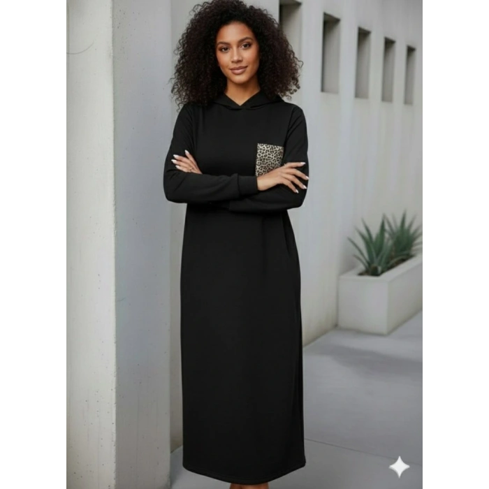 Kadın Uzun Kollu Kapşonlu Cep Detaylı Viskon Iki Iplik Maxi Elbise