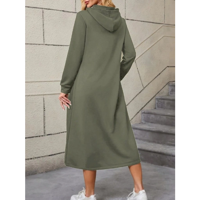 Kadın Uzun Kollu Kapşonlu Cep Detaylı Viskon Iki Iplik Maxi Elbise