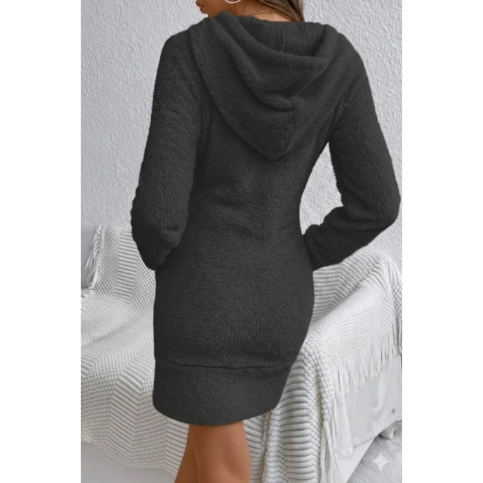 Kadın Uzun Kollu Kapşonlu Cepli Mini Peluş Elbise