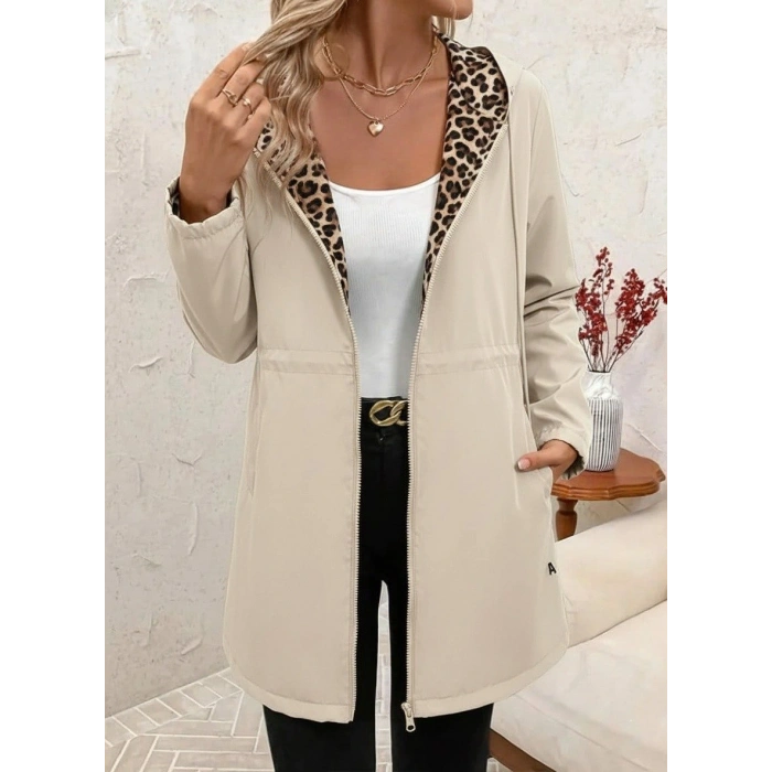 Kadın Uzun Kollu Kapşonlu çift Taraflı Cepli Bağcıklı Fermuarlı Viskon Iki Iplik Ceket