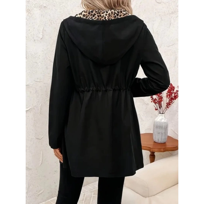 Kadın Uzun Kollu Kapşonlu çift Taraflı Cepli Bağcıklı Fermuarlı Viskon Iki Iplik Ceket