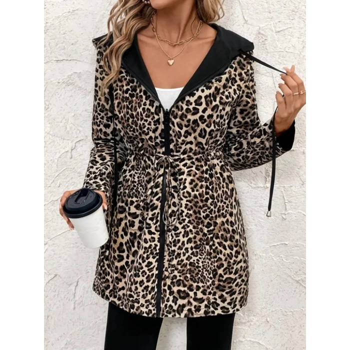 Kadın Uzun Kollu Kapşonlu çift Taraflı Cepli Bağcıklı Fermuarlı Viskon Iki Iplik Ceket