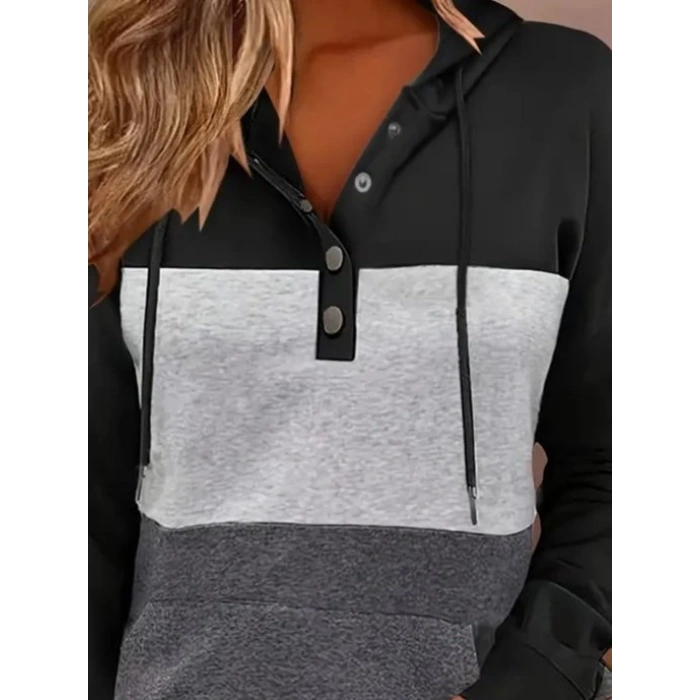 Kadın Uzun Kollu Kapşonlu çok Renkli Iki Iplik Bluz