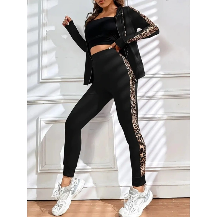 Kadın Uzun Kollu Kapşonlu Fermuarlı Bağcıklı Viskon Iki Iplik Bluz Ve Pantolon Tayt