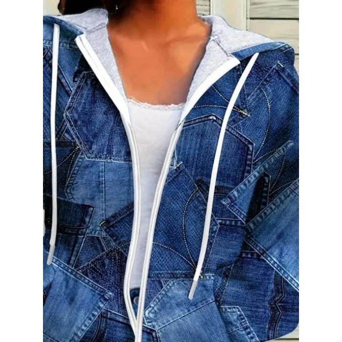 Kadın Uzun Kollu Kapşonlu Fermuarlı Kot Desenli Bağcıklı Modal Ceket