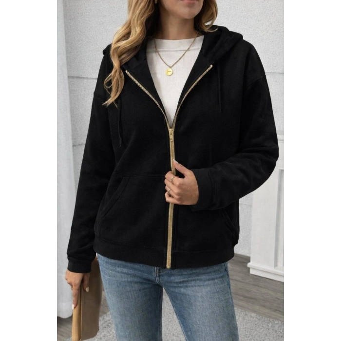 Kadın Uzun Kollu Kapşonlu Fermuarlı önden Cep Detaylı şardonlu Iki Iplik Ceket