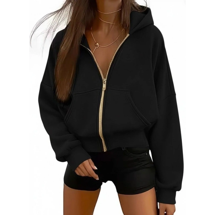 Kadın Uzun Kollu Kapşonlu Fermuarlı önden Cep Detaylı şardonlu Iki Iplik Ceket