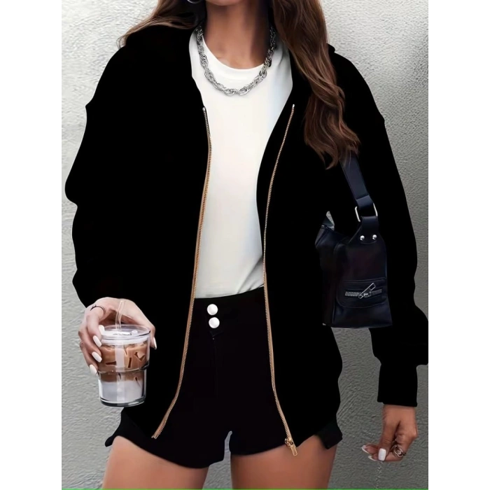 Kadın Uzun Kollu Kapşonlu Fermuarlı önden Cep Detaylı şardonlu Iki Iplik Ceket