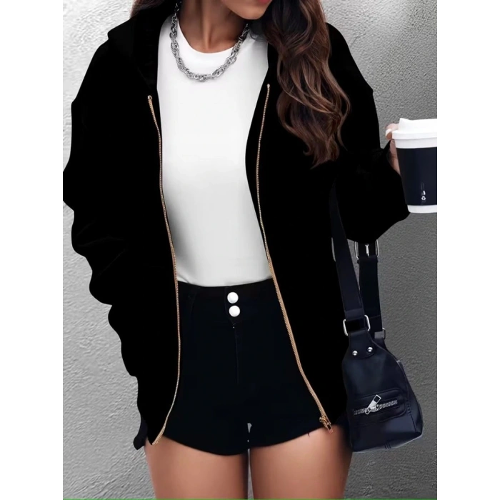 Kadın Uzun Kollu Kapşonlu Fermuarlı önden Cep Detaylı şardonlu Iki Iplik Ceket