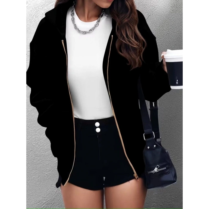 Kadın Uzun Kollu Kapşonlu Fermuarlı önden Cep Detaylı şardonlu Iki Iplik Ceket