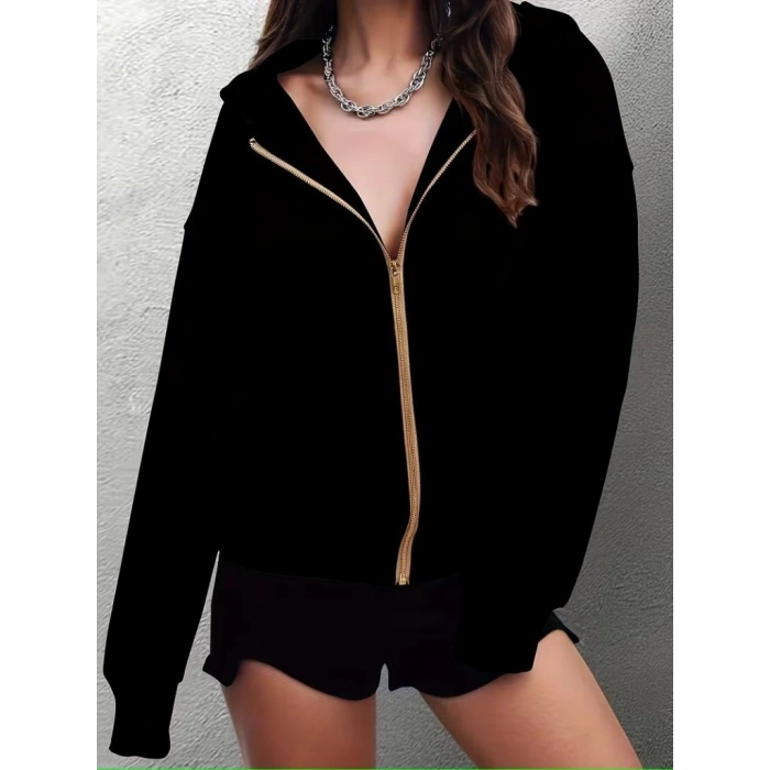 Kadın Uzun Kollu Kapşonlu Fermuarlı önden Cep Detaylı şardonlu Iki Iplik Ceket