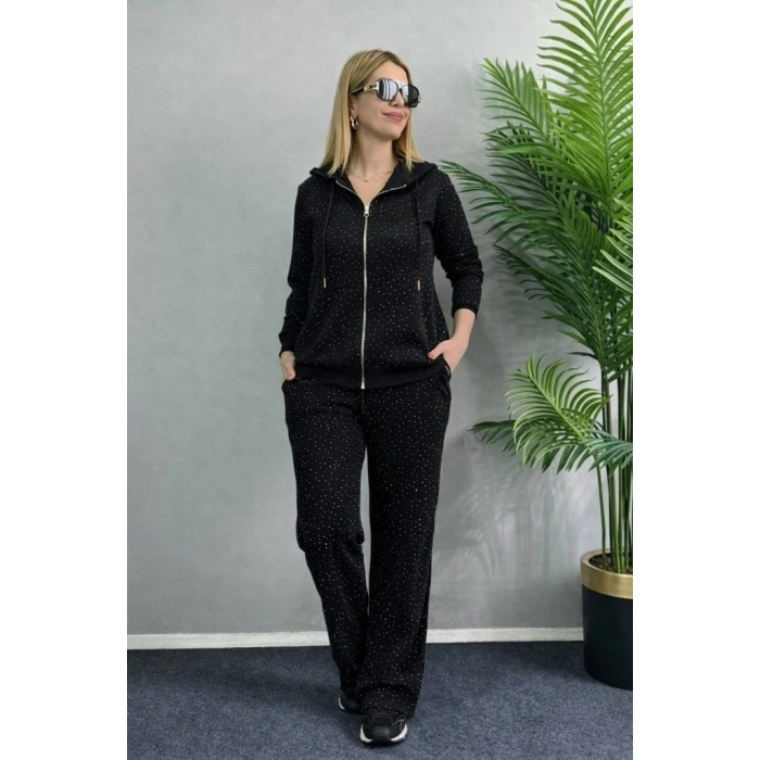 Kadın Uzun Kollu Kapşonlu Fermuarlı Taşlı önü Fermuarlı Viskon Iki Iplik Bluz Ve Eşofman Altı Ikili Takım