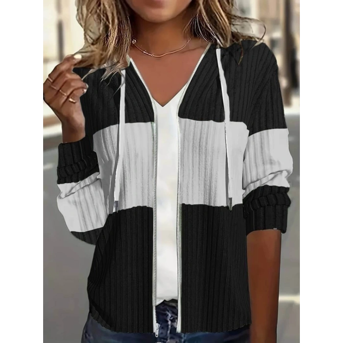 Kadın Uzun Kollu Kapşonlu önden Fermuarlı Blok Desenli şardonlu Kaşkorse Ceket