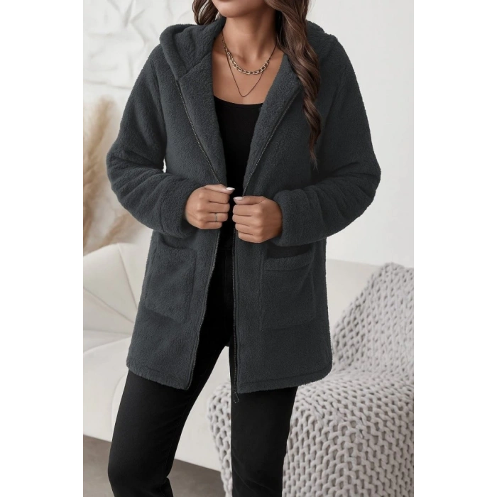 Kadın Uzun Kollu Kapşonlu önden Fermuarlı Cepli Welsoft Ceket