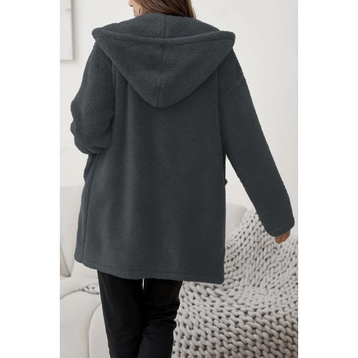 Kadın Uzun Kollu Kapşonlu önden Fermuarlı Cepli Welsoft Ceket