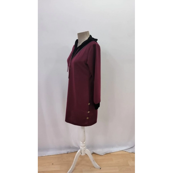 Kadın Uzun Kollu Kapşonlu önden Fermuarlı Düğmeli Mini Iki Iplik Elbise