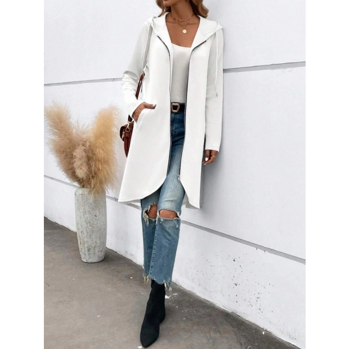 Kadın Uzun Kollu Kapşonlu önden Fermuarlı Midi Dalgıç Ceket