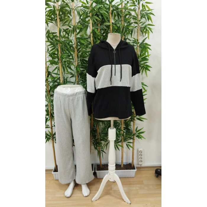 Kadın Uzun Kollu Kapşonlu önden Fermuarlı şardonlu Kaşkorse Bluz Ve Pantolon