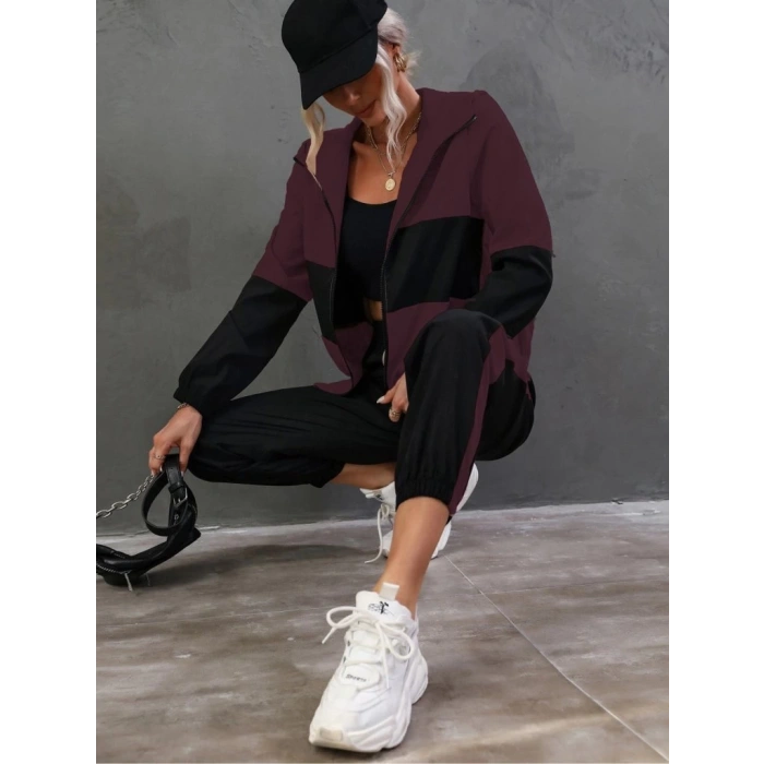 Kadın Uzun Kollu Kapşonlu önden Fermuarlı Viskon Iki Iplik Bluz Ve Pantolon Ikili Takım