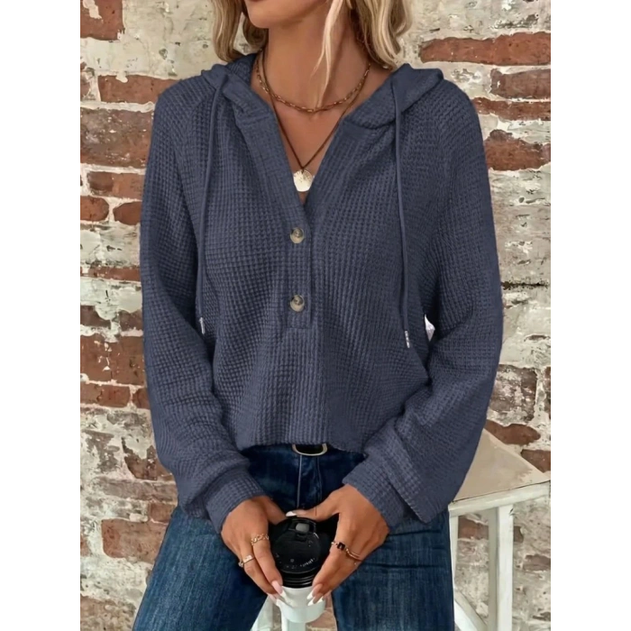 Kadın Uzun Kollu Kapşonlu önü Düğmeli Ve Bağcıklı Waffle Bluz