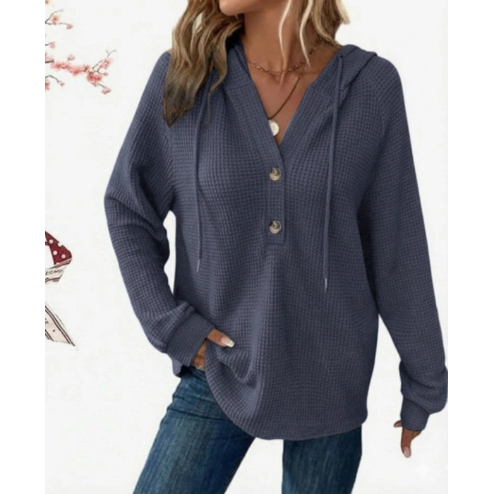 Kadın Uzun Kollu Kapşonlu önü Düğmeli Ve Bağcıklı Waffle Bluz