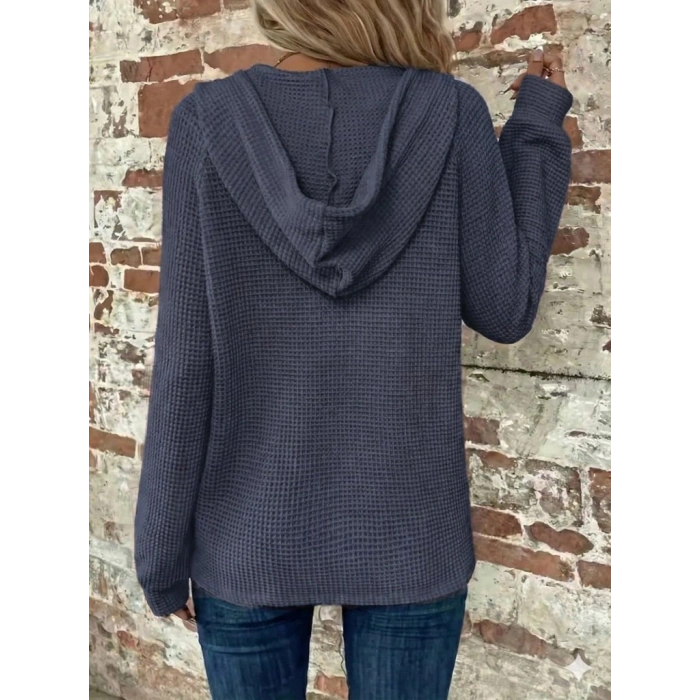 Kadın Uzun Kollu Kapşonlu önü Düğmeli Ve Bağcıklı Waffle Bluz