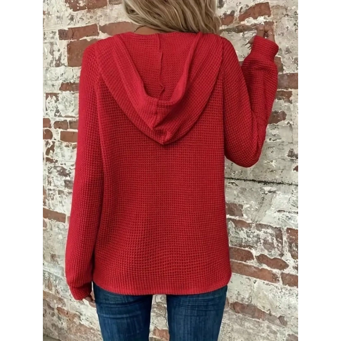 Kadın Uzun Kollu Kapşonlu önü Düğmeli Ve Bağcıklı Waffle Bluz