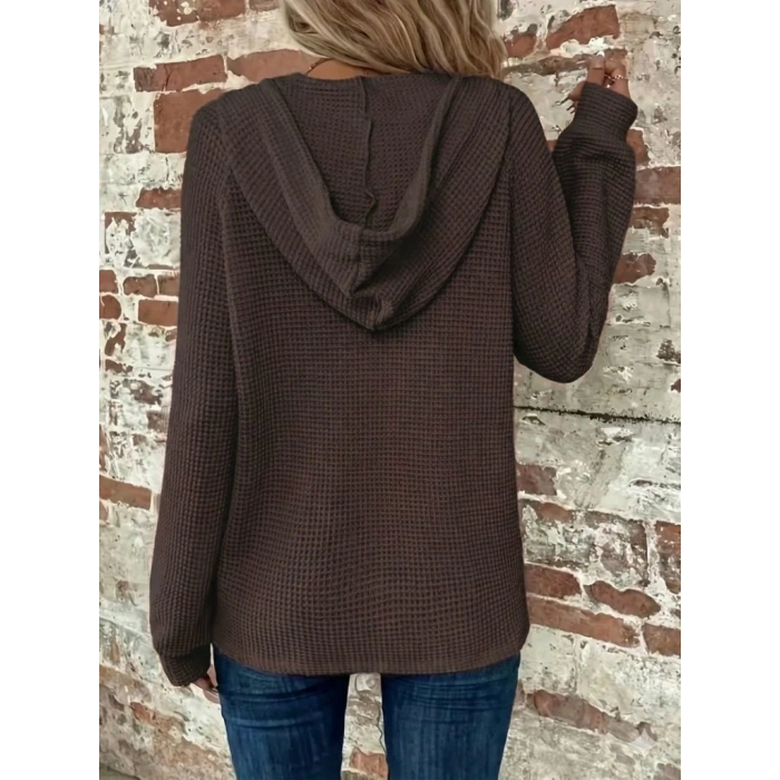 Kadın Uzun Kollu Kapşonlu önü Düğmeli Ve Bağcıklı Waffle Bluz