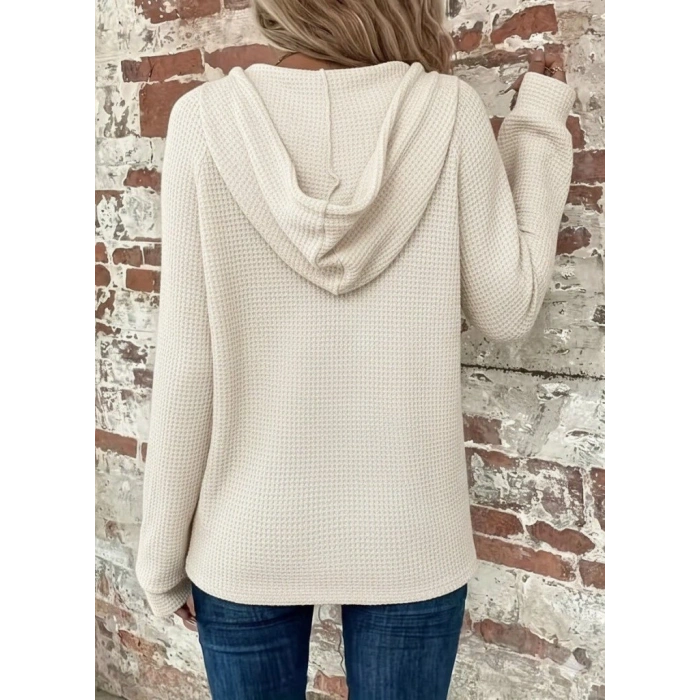 Kadın Uzun Kollu Kapşonlu önü Düğmeli Ve Bağcıklı Waffle Bluz