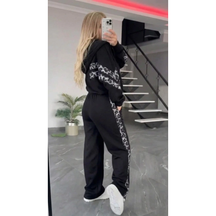 Kadın Uzun Kollu Kapşonlu önü Fermuarlı Leopar Desenli Modal Bluz Ve Pantolon Ikili Takım