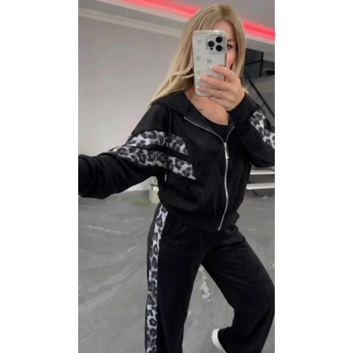 Kadın Uzun Kollu Kapşonlu önü Fermuarlı Leopar Desenli Modal Bluz Ve Pantolon Ikili Takım