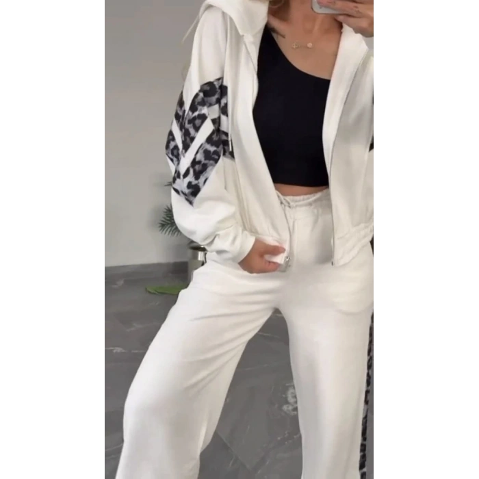 Kadın Uzun Kollu Kapşonlu önü Fermuarlı Leopar Desenli Modal Bluz Ve Pantolon Ikili Takım