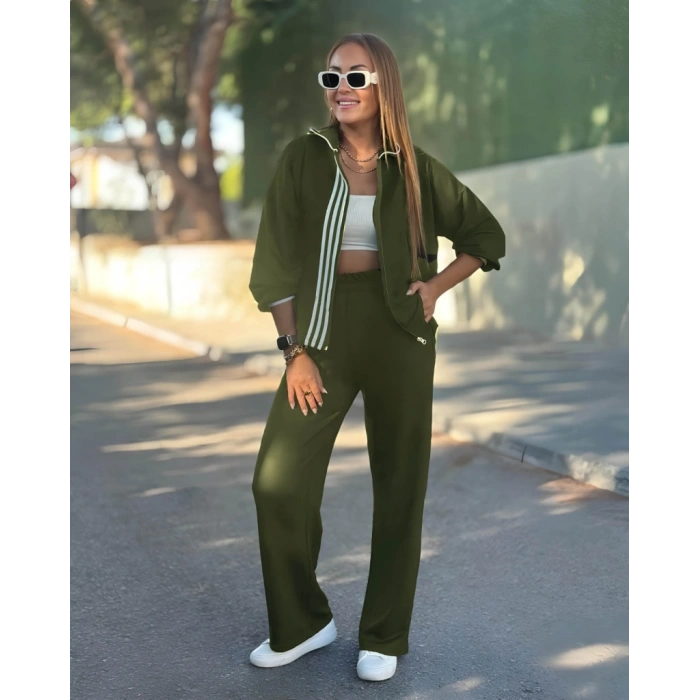 Kadın Uzun Kollu Kapşonlu Onu şerit Detaylı Fermuarlı Viskon Iki Iplik Bluz Ve Pantolon Ikili Takım