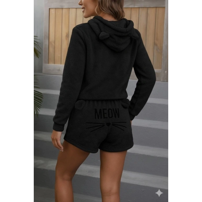 Kadın Uzun Kollu Kapşonlu Peluş Bluz Ve Kısa Short Ikili Takım
