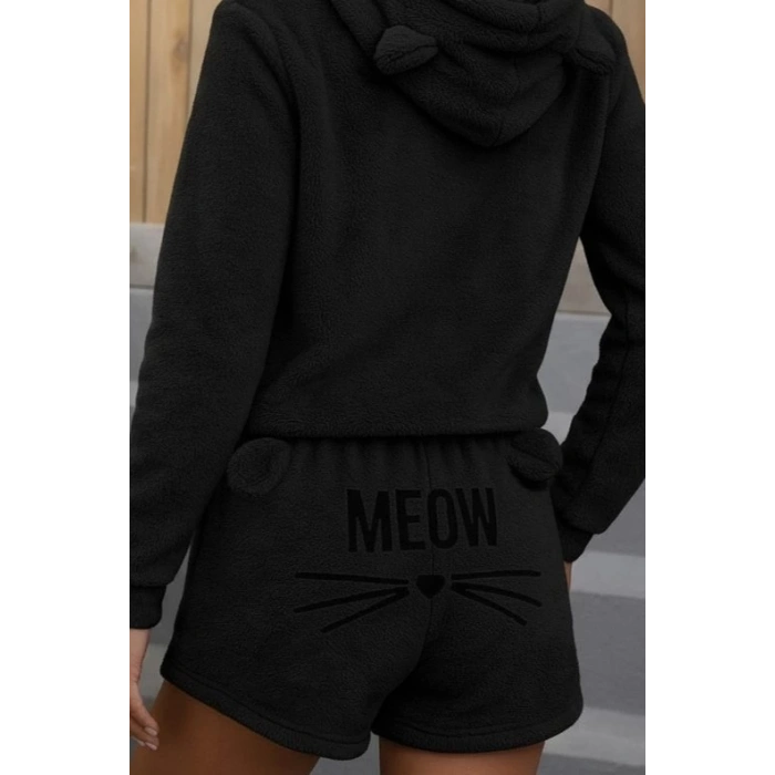 Kadın Uzun Kollu Kapşonlu Peluş Bluz Ve Kısa Short Ikili Takım