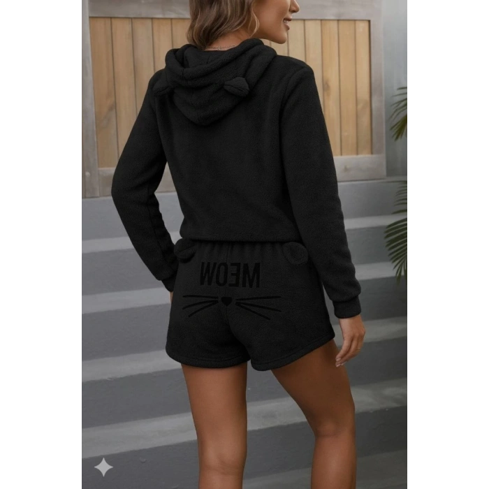 Kadın Uzun Kollu Kapşonlu Peluş Bluz Ve Kısa Short Ikili Takım