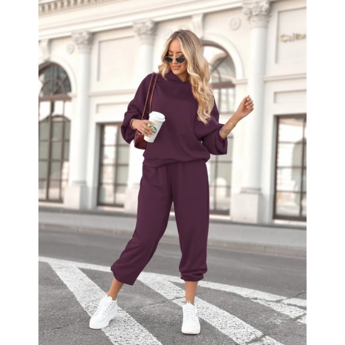 Kadın Uzun Kollu Kapşonlu Viskon Iki Iplik Bluz Ve Pantolon Ikili Takım