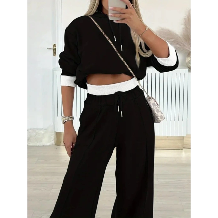 Kadın Uzun Kollu Kapşonlu Viskon Iki Iplik Bluz Ve Pantolon Ikili Takım