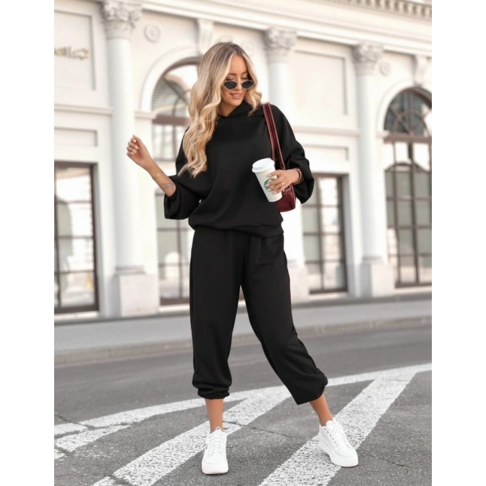 Kadın Uzun Kollu Kapşonlu Viskon Iki Iplik Bluz Ve Pantolon Ikili Takım