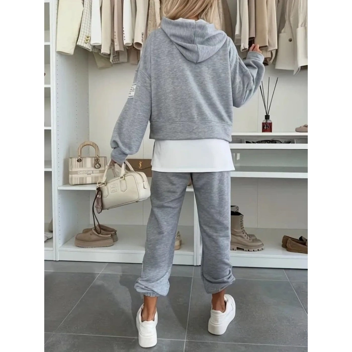 Kadın Uzun Kollu Kapşonlu Viskon Iki Iplik Bluz Ve Pantolon Ikili Takım