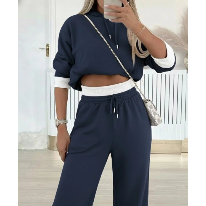 Kadın Uzun Kollu Kapşonlu Viskon Iki Iplik Füme Bluz Ve Pantolon Ikili Takım