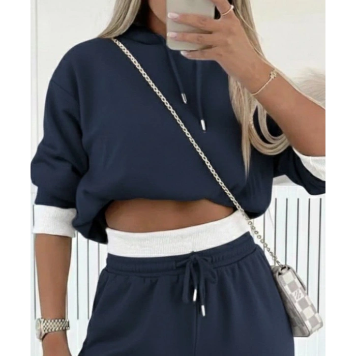 Kadın Uzun Kollu Kapşonlu Viskon Iki Iplik Füme Bluz Ve Pantolon Ikili Takım