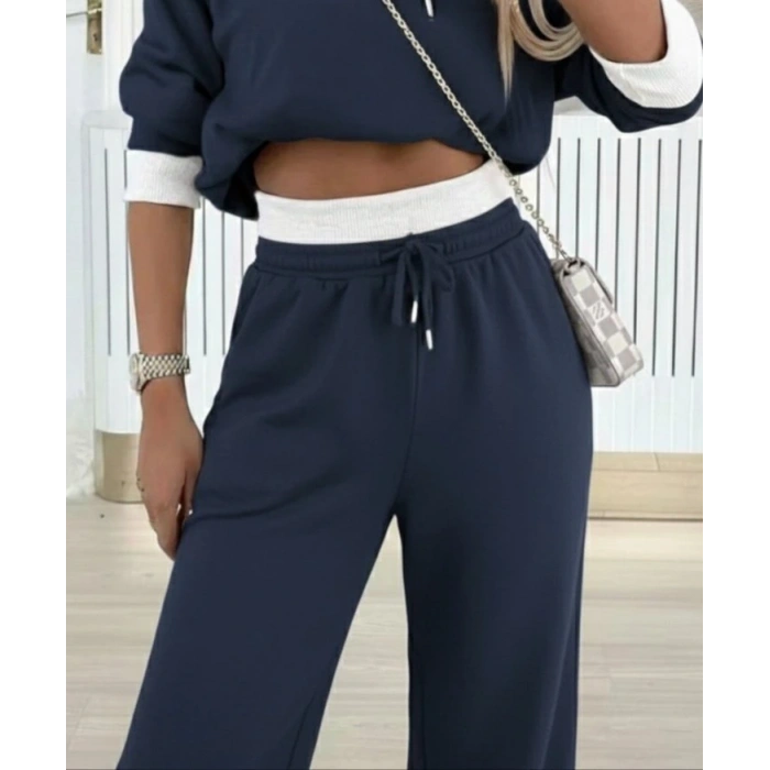 Kadın Uzun Kollu Kapşonlu Viskon Iki Iplik Füme Bluz Ve Pantolon Ikili Takım