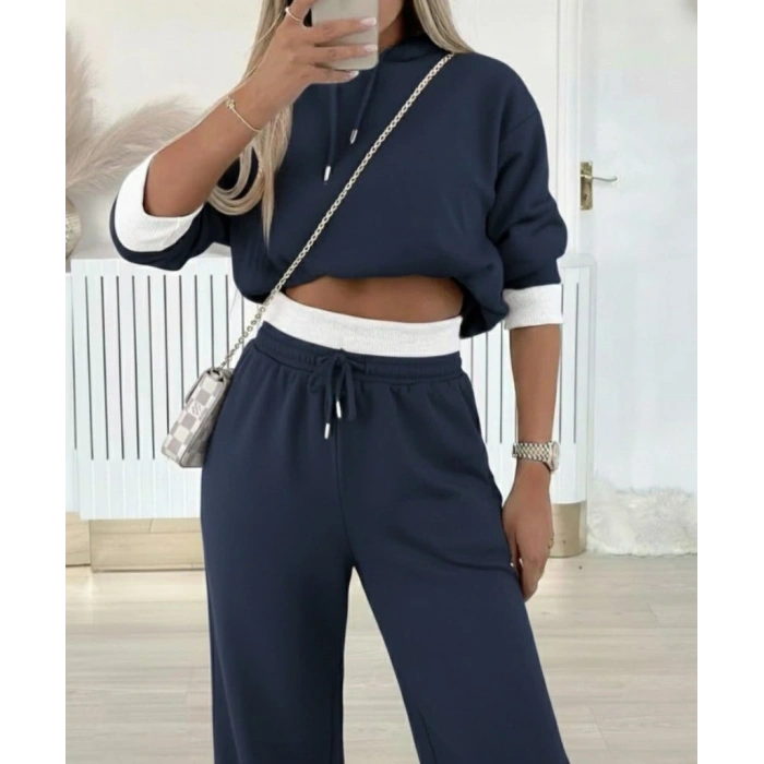 Kadın Uzun Kollu Kapşonlu Viskon Iki Iplik Füme Bluz Ve Pantolon Ikili Takım