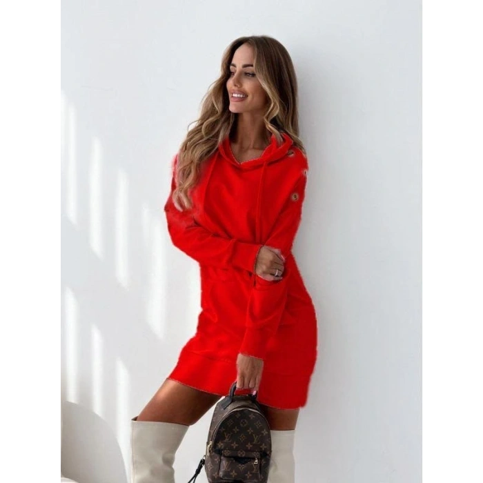 Kadın Uzun Kollu Kapüşon Detay Mini Elbise