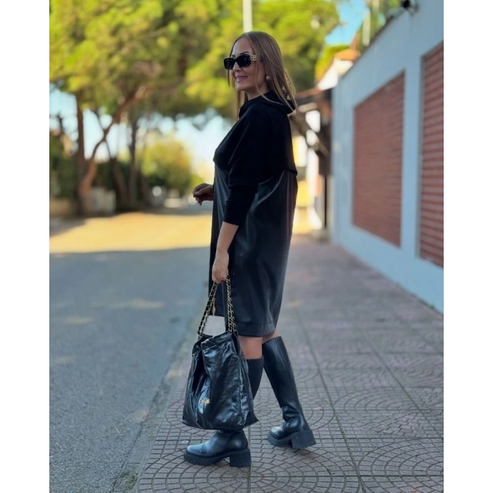 Kadın Uzun Kollu Kapüşon Ve Deri Detay Diz üstü Elbise